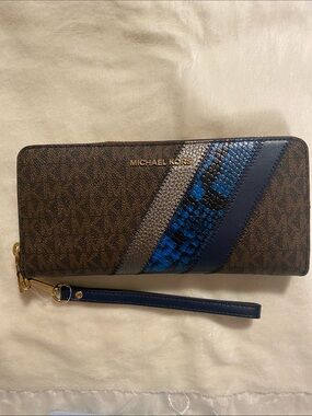 Michael Kors Brown Wallet Wristlet with Navy and Blue Stripes